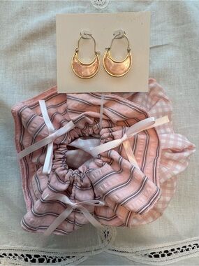 Pink Gingham & Pink Striped Scrunchie Duo  and gold tone pink crescent earrings